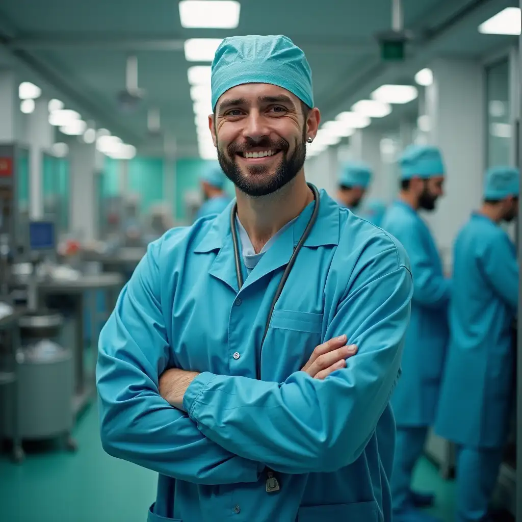 Man in factory wearing medical uniform