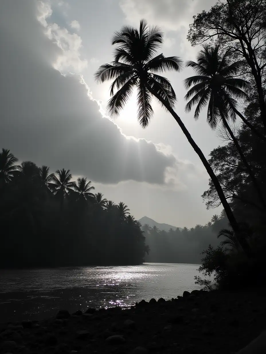 Silhouette black and white of Coconut tree near a river