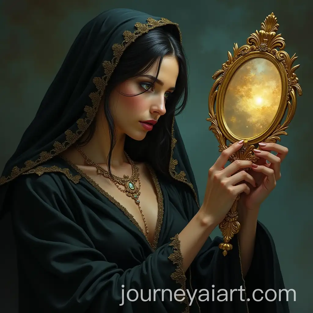 Elegant-Sorceress-with-Magical-Gold-Mirror-in-Dark-Fantasy-Realm