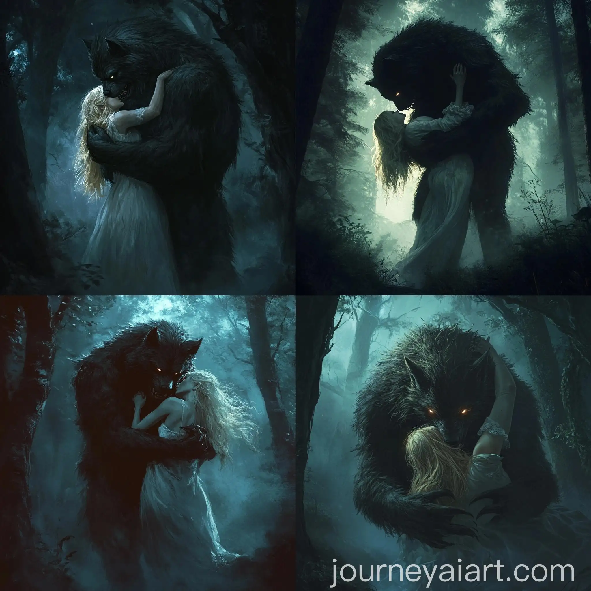 Eerie-Nighttime-Forest-with-Menacing-Werewolf-and-Unconscious-Woman