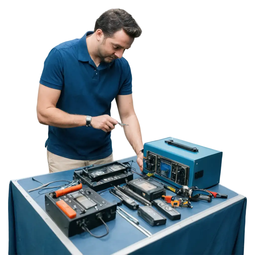 Man-Repairing-Impulse-Equipment-on-a-Table-Blue-Tones-PNG-Image-for-Technical-and-Professional-Use