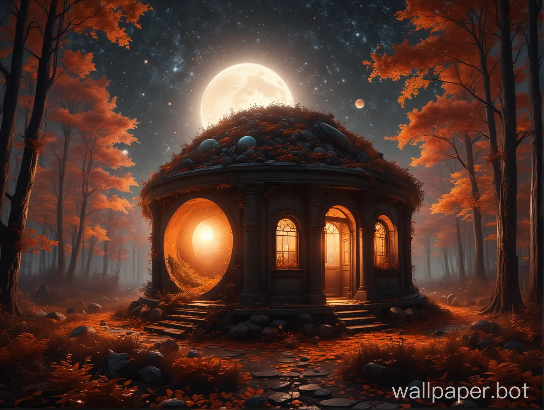 Fantasy-Building-in-Dark-Autumn-Foliage-with-Magic-Glow