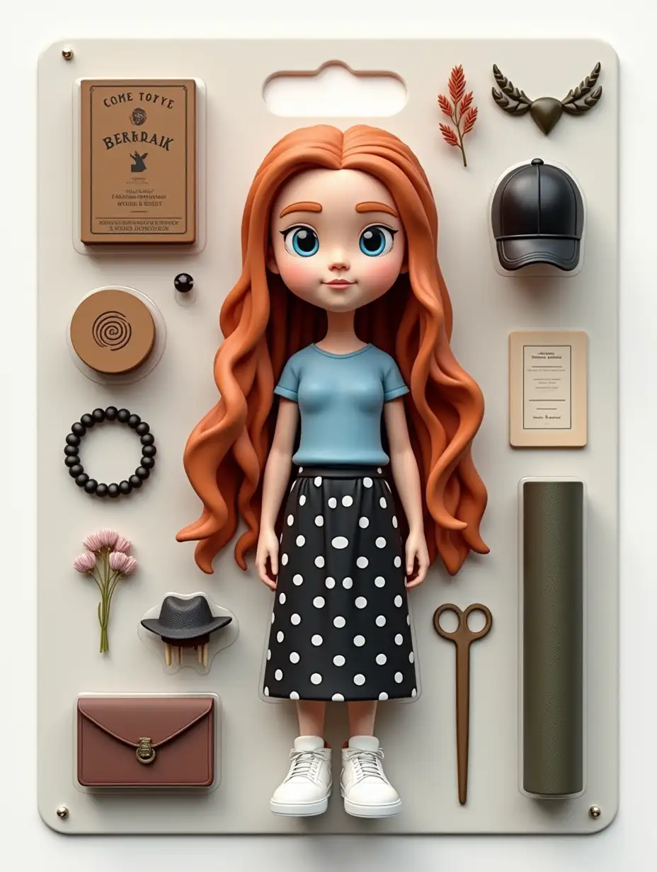 Create an image in the style of 3D toys in Blister. Character - a girl with long russet hair, blue eyes. Wearing a blue top, black and white polka-dotted long skirt, on her feet white sneakers. Around the toy are artifacts - a black Targaryen bastard cap, bracelet and muline, Berserk book, dried flowers, book novel, yoga mat. Above is the title: Kushon. Style - clean, minimalistic. Packaging and toy should be in the center.
