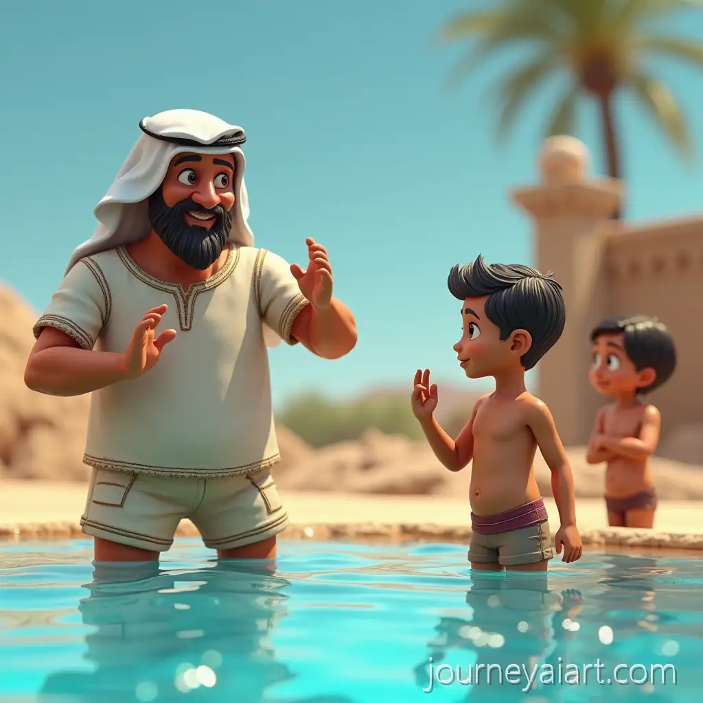 Friendly-Arab-Swim-Coach-Teaching-Kids-by-the-Pool-on-a-Sunny-Day