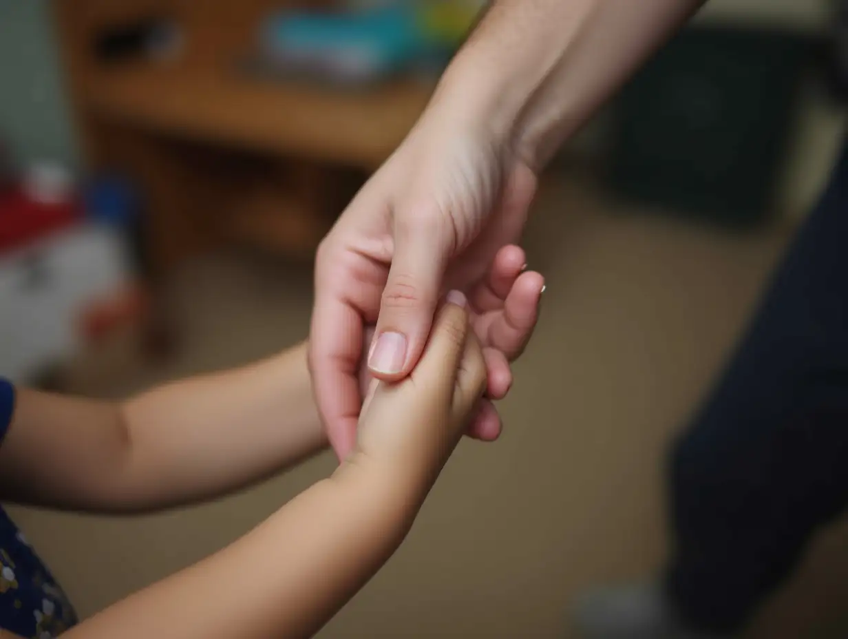 Closeup-of-Childs-Hand-Held-by-Adult-in-a-Quiet-Moment-of-Connection