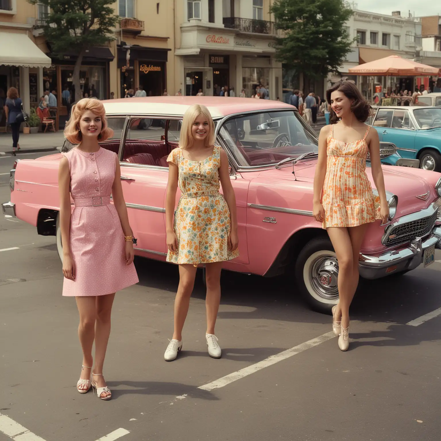 A vintage photo of two young women, dressed in colorful, mod-style mini dresses, posing beside a vintage pink car. The women are all smiling and appear to be enjoying themselves. The car is a classic Cadillac, and its sleek lines contrast nicely with the vibrant colors of the women's clothing. The background is a sunny, outdoor setting, with a group of people in the distance. The image captures the carefree spirit of the 1960s, a time of great social and cultural change. The women's fashion, the vintage car, and the cheerful atmosphere all contribute to a sense of optimism and excitement. Award-winning analog film photo, intricate, elaborate, 8K, UHD, HDR.