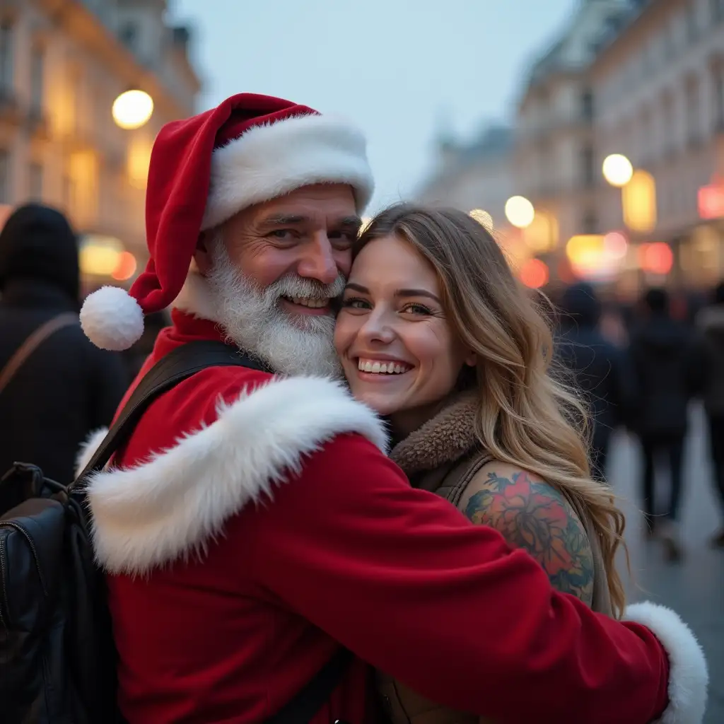 a woman with a radiant smile, and everyone sees her smile, she is hugged by a modern Santa Claus with a tattoo on the background of Moscow city