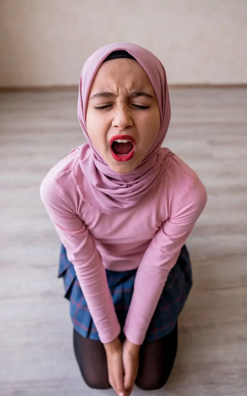 14YearOld-Turkish-Girl-Kneeling-in-School-Outfit-with-Pink-Hijab-and-Yawning-Expression