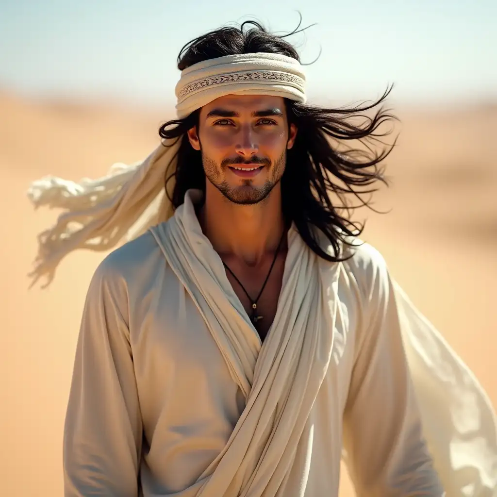 A young handsome man in the image of a wanderer with a clean-shaven face and long black hair below his shoulders, fluttering in the wind, he is dressed in white Bedouin clothes with a typical headband, smile, looking at the camera, a fantastic character. It is written in the style of disco-Elysium, in the style of Alexander Rostov. Photorealistic, against the background of the Sahara desert, neo-expressionism, digital art, detailed, masterpiece