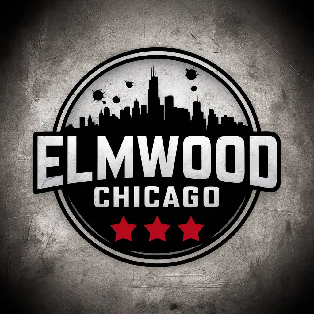 LOGO Design For ElmWood Chicago 3D Text with Chicago Cityscape and Red Stars