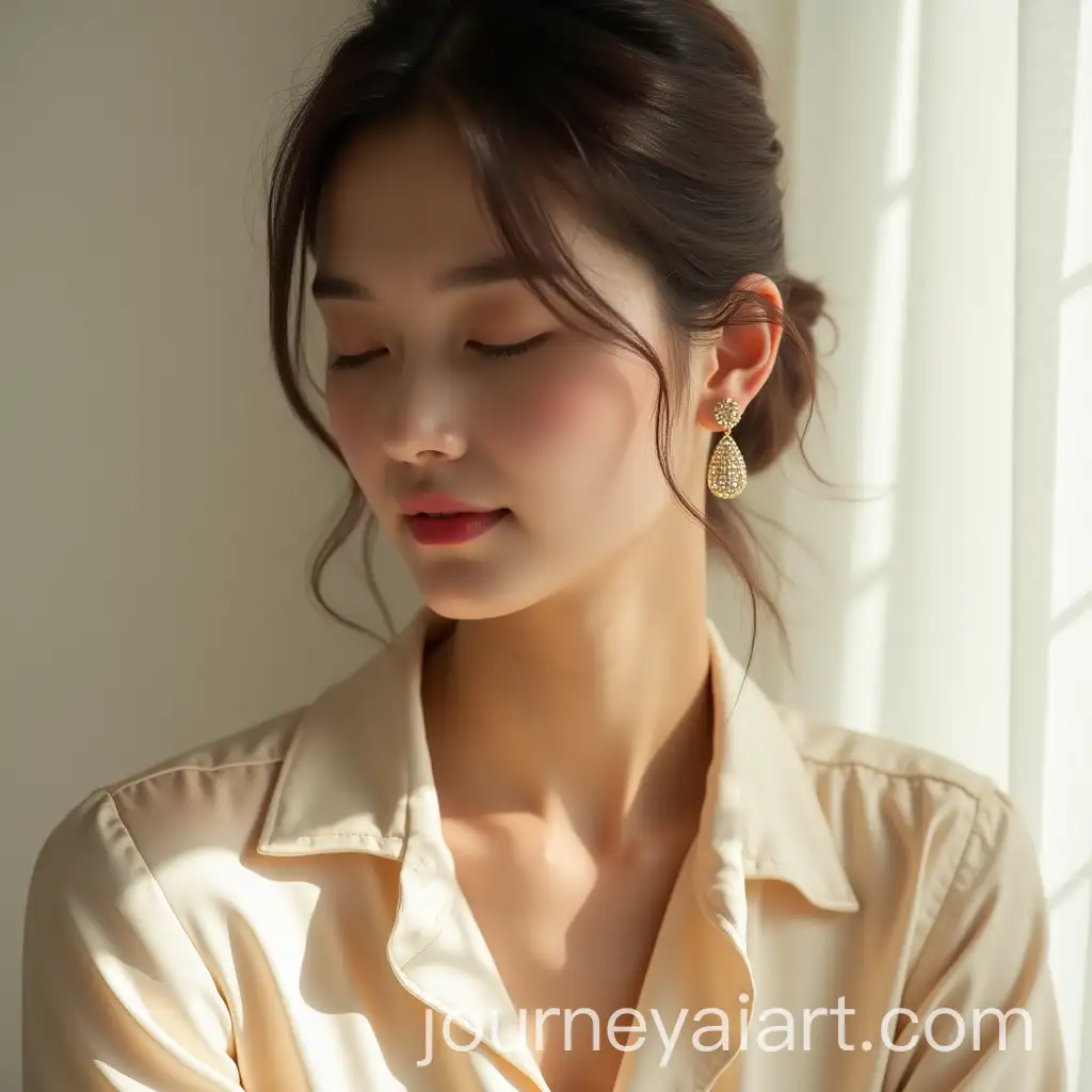Young-Woman-in-Satin-Blouse-with-Golden-Earring-Captured-in-Romantic-CloseUp