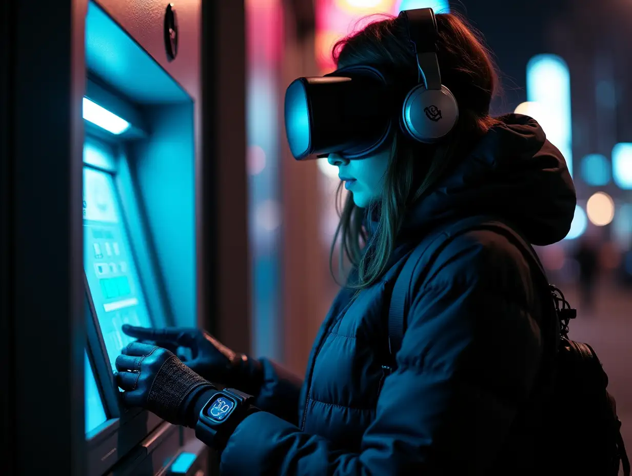 a young incognito stealth female hacker on a street at night, programming atm machine, hands covered, wearing puffer jacket, cybernetic headband, vr goggles, headphones, smartwatch over full electronic gloves, lots of wearable cyberpunk hardware, many wires connected from atm to gloves