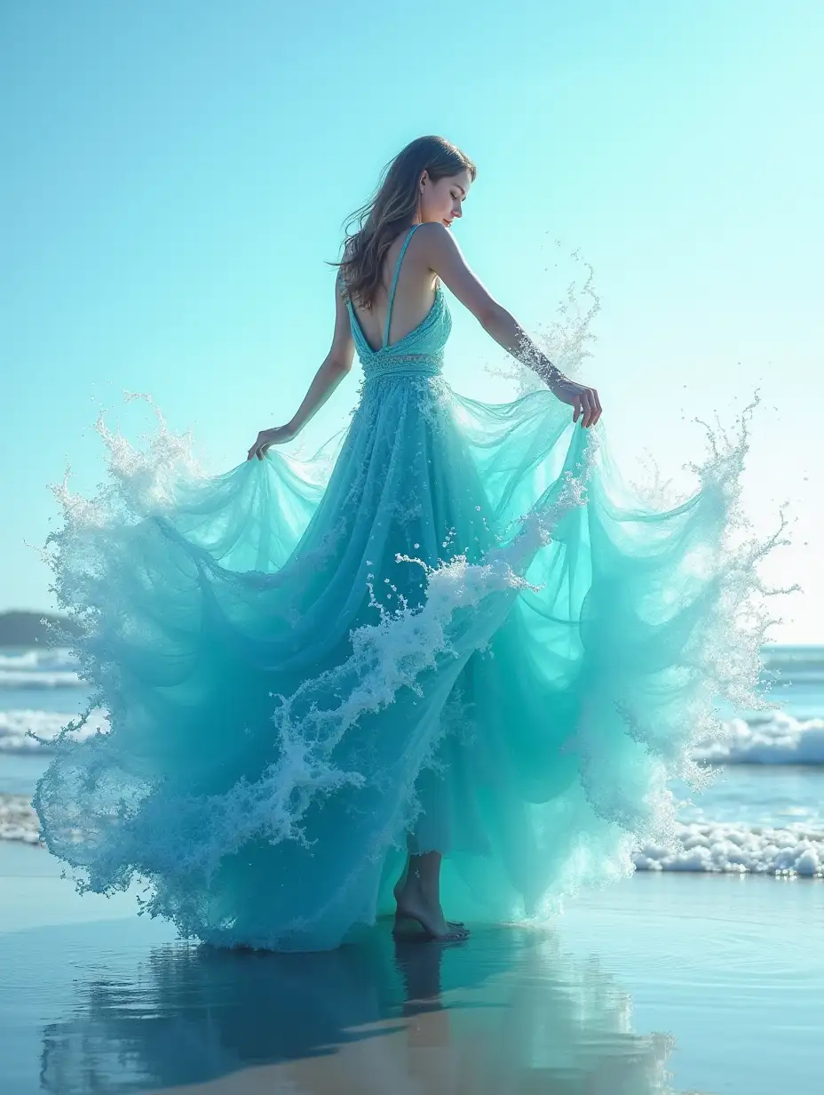 A stunning and surreal image of a girl wearing an intricate aqua dress made entirely of water waves, creating a mesmerizing and visually stunning effect. The girl is shown in a graceful pose on the seashore, and the water appears to flow out in a dramatic fan-like shape. This image can be created using the following vector. Woman in an elaborate aqua dress made entirely of water waves, by Dmitry Kostanovich, Photoshop, Felicia Semyon, UHD image, Ekaterina Panikanova, Shiny and sparkling, HDR, Dynamic mode, 32kb, Sharp focus, Illustration. by Sasan.