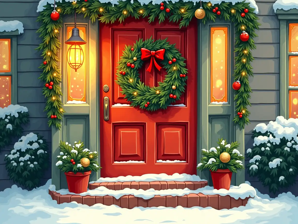 Create a hand-drawn, cartoon-style illustration of a festive Christmas door. The door is decorated with a lush holiday wreath featuring holly, ribbons, and small ornaments. A lit doorbell is prominently displayed, glowing softly. Surrounding the doorframe are subtle holiday decorations like string lights or garlands. Snow is lightly dusted around the edges of the door and doorstep, adding to the cozy, magical holiday atmosphere. Use warm, cheerful colors like red, green, and gold to emphasize the festive tone