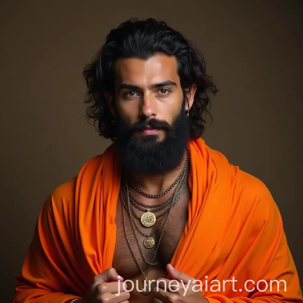 Handsome-Bearded-Man-Wearing-Orange-Shawl-and-Necklaces