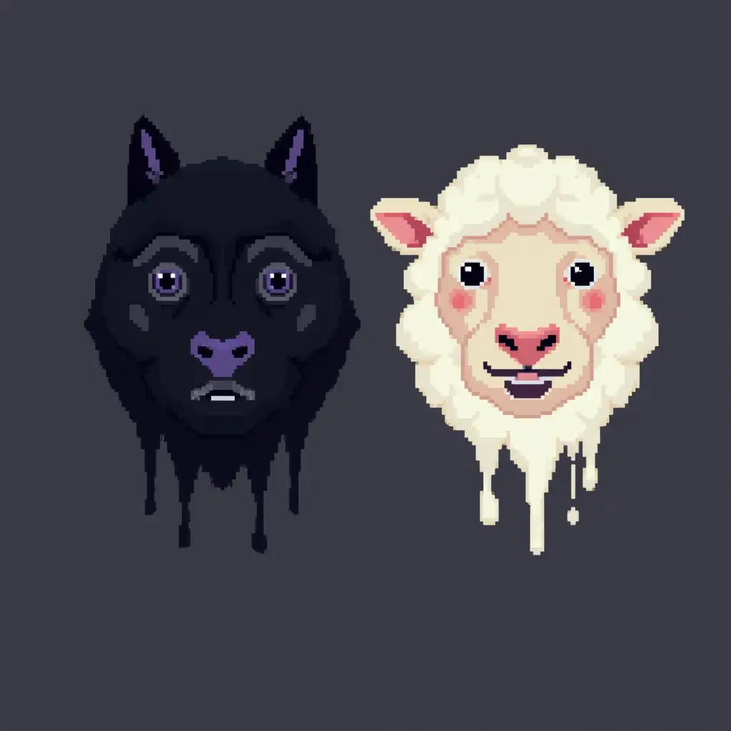 Two masks, black mask with the face of a wolf, white mask with the face of a sheep, both masks are falling. Simple pixel art