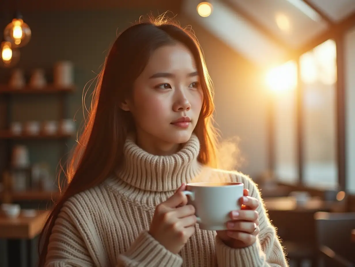 Soft dawn light through the skylight, an Asian woman with long hair to her waist wears a beige high neck sweater, holding a white porcelain coffee cup, steam rises, background is minimalist Nordic style café, shallow focus lens creates warm atmosphere