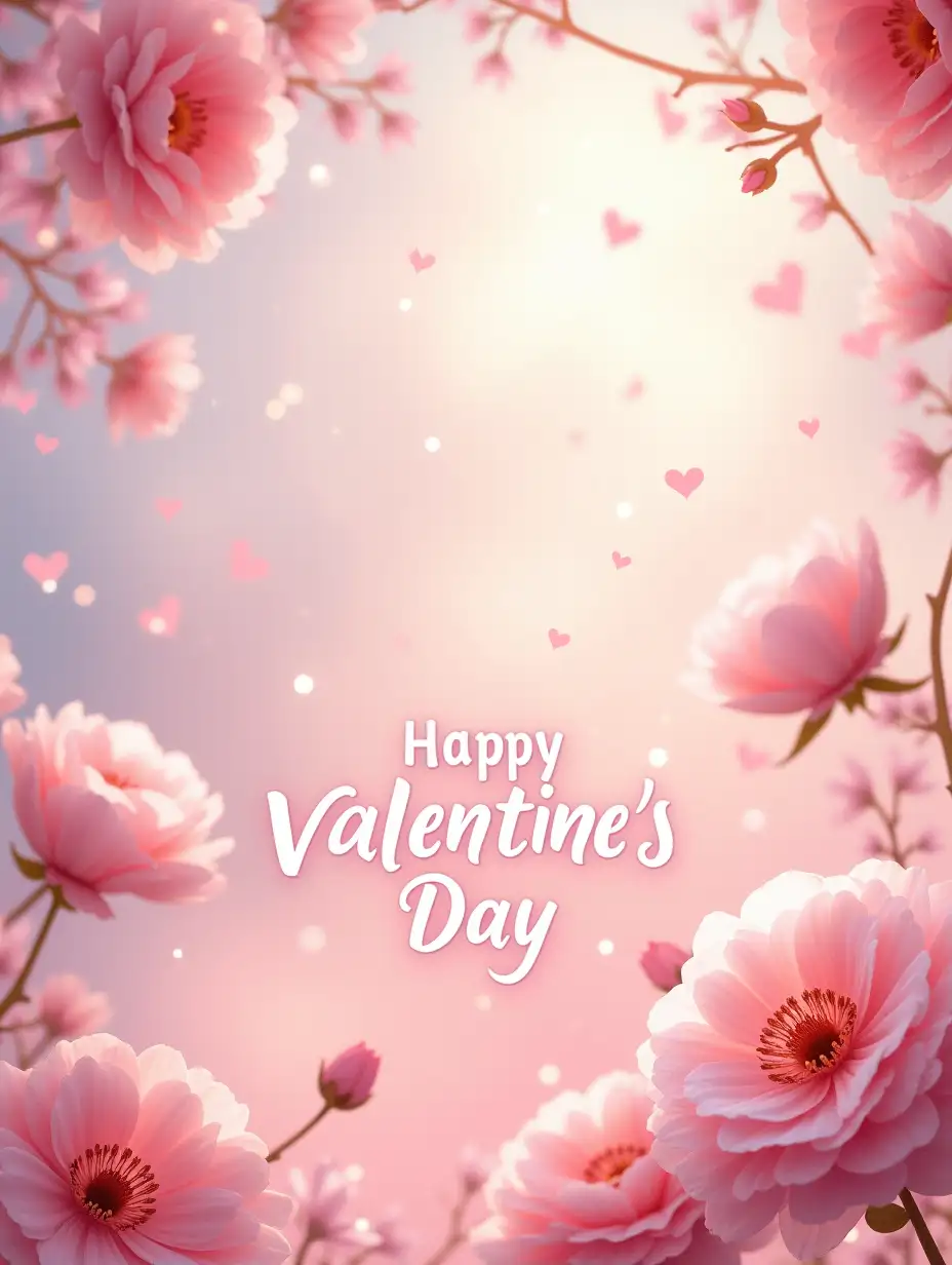 Create a dreamy and romantic Valentine's Day postcard, featuring soft pastel colors like pink, lavender, and gold, with transparent textures, glowing hearts, delicate flowers (such as roses and peonies), and a subtle shimmer effect. Include elegant typography with the words 'Happy Valentine's Day' in a cursive font. The background should have a magical, ethereal atmosphere with light sparkles and a gradient sky. --v 5 --ar 4:5 --q 2 --style 4a