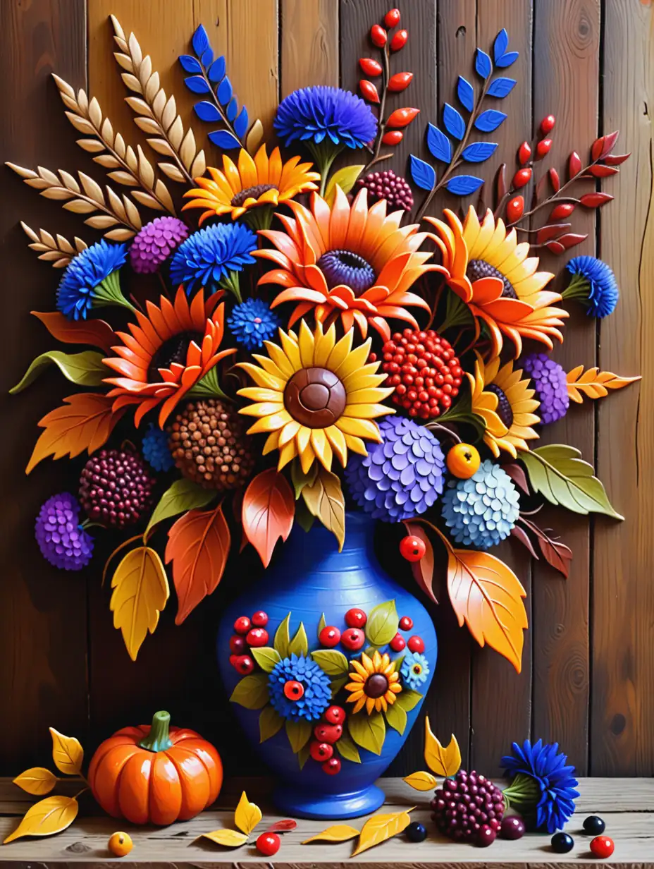 Vivid-Autumnthemed-3D-Acrylic-Painting-with-Rustic-Pottery-and-Floral-Arrangements