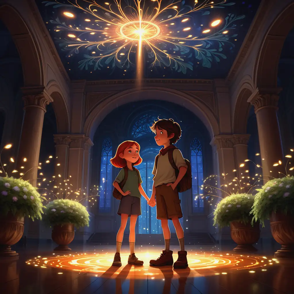 Jules and Lina in the Enchanted Grand Hall of Fireflies