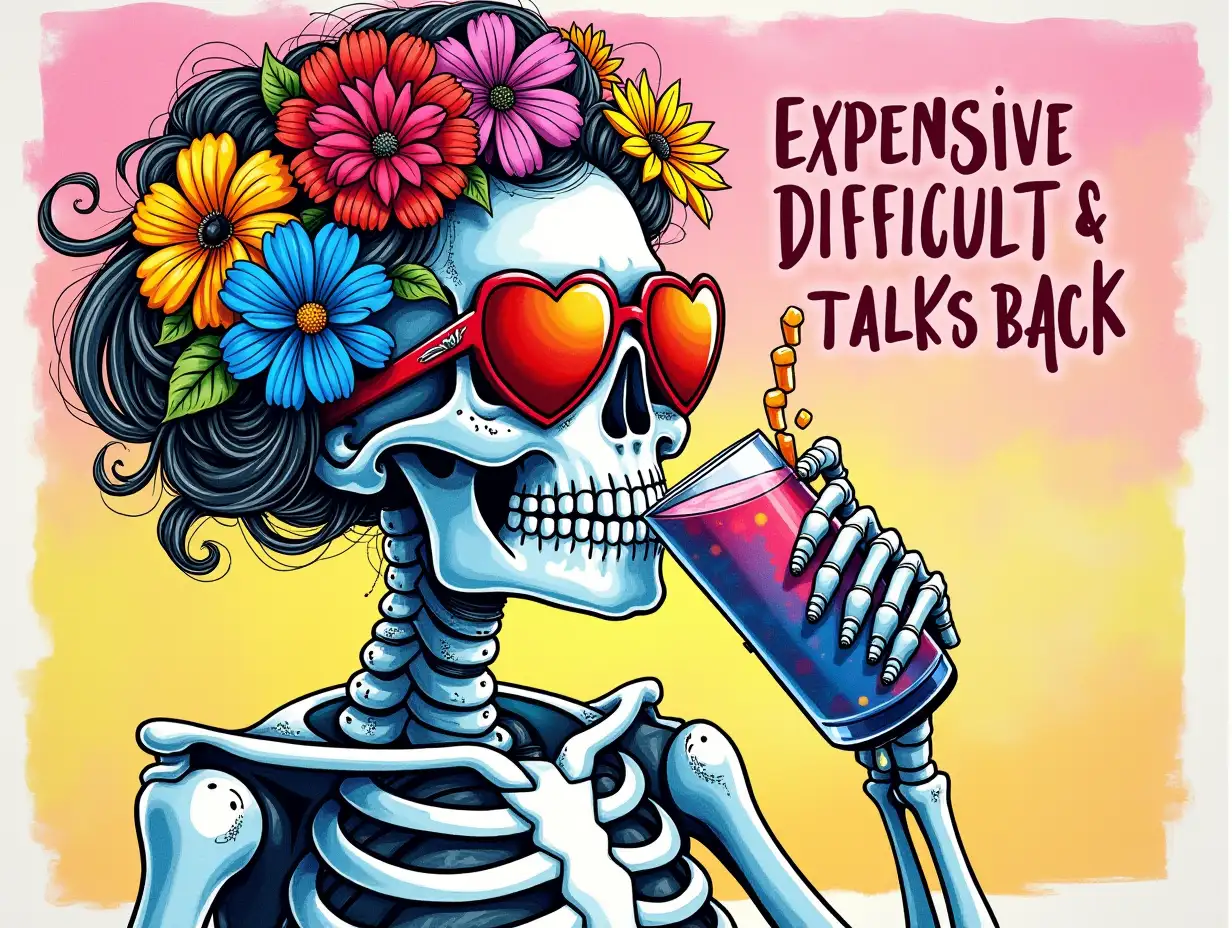 hand drawn art. A vibrant and whimsical image of a female skeleton adorned with colorful flowers and a rainbow gradient background. She wears heart-shaped sunglasses and sips from a colorful drink. The overall style is detailed and playful, with a focus on the contrast between the macabre and the cheerful. featuring the word 'Expensive Difficult & Talks Back' in bold, above it.