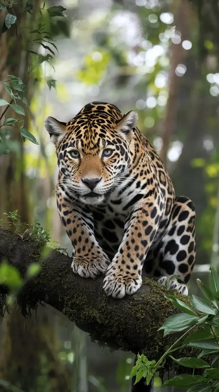 Jaguar-Perched-on-Mossy-Branch-in-SunDappled-Rainforest