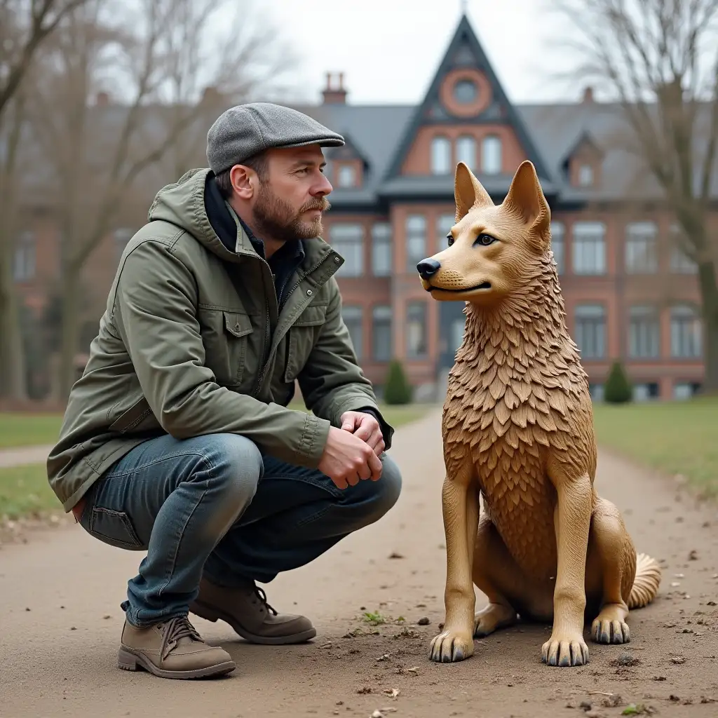 a man kneeling down next to a carved dog statue on a dirt ground with a building in the background, derek zabrocki, furry art, incredible art, an art deco sculpture