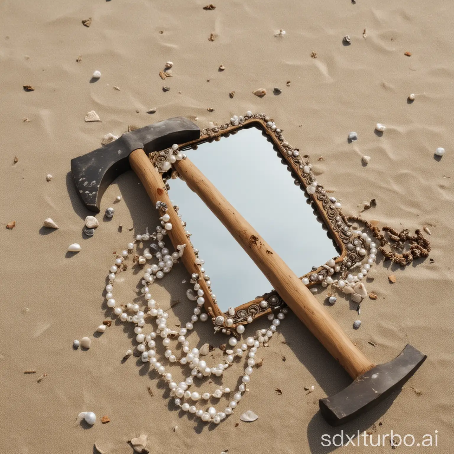 Axe-Mirror-and-Pearls-on-the-Beach