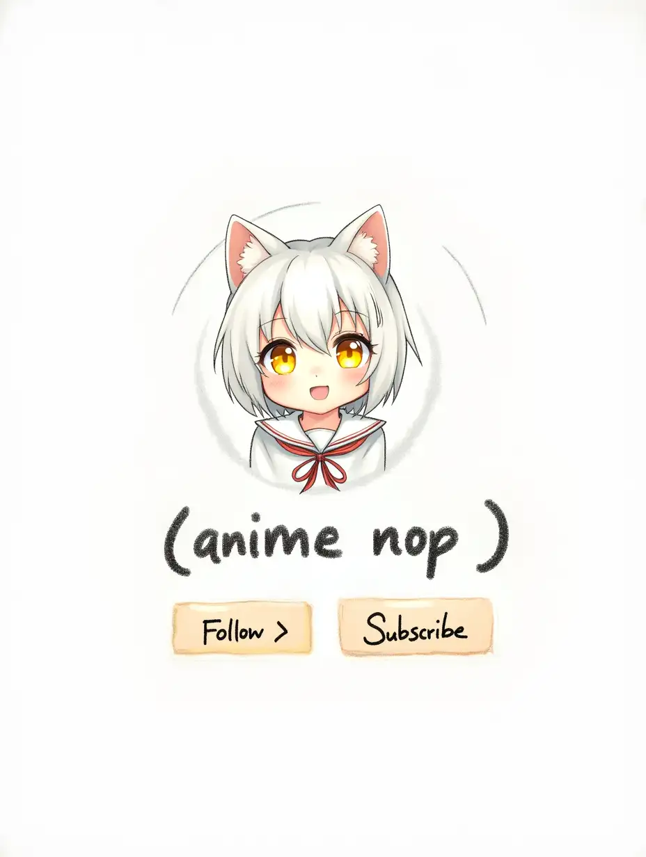 Hand-drawn anime-style YouTube banner featuring an adorable anime character with short white hair, bright yellow eyes, and cat ears, wearing a sailor-style outfit with a ribbon. The background is clean white with rough, textured pencil strokes. The text displays the name [anime nop ] in bold, futuristic, handwritten typography. Below, there are 'Follow' and 'Subscribe' buttons styled with hand-drawn effects, matching the sketchy aesthetic. The design feels charming and vibrant with subtle, soft colors enhancing the overall cute and inviting appearance.