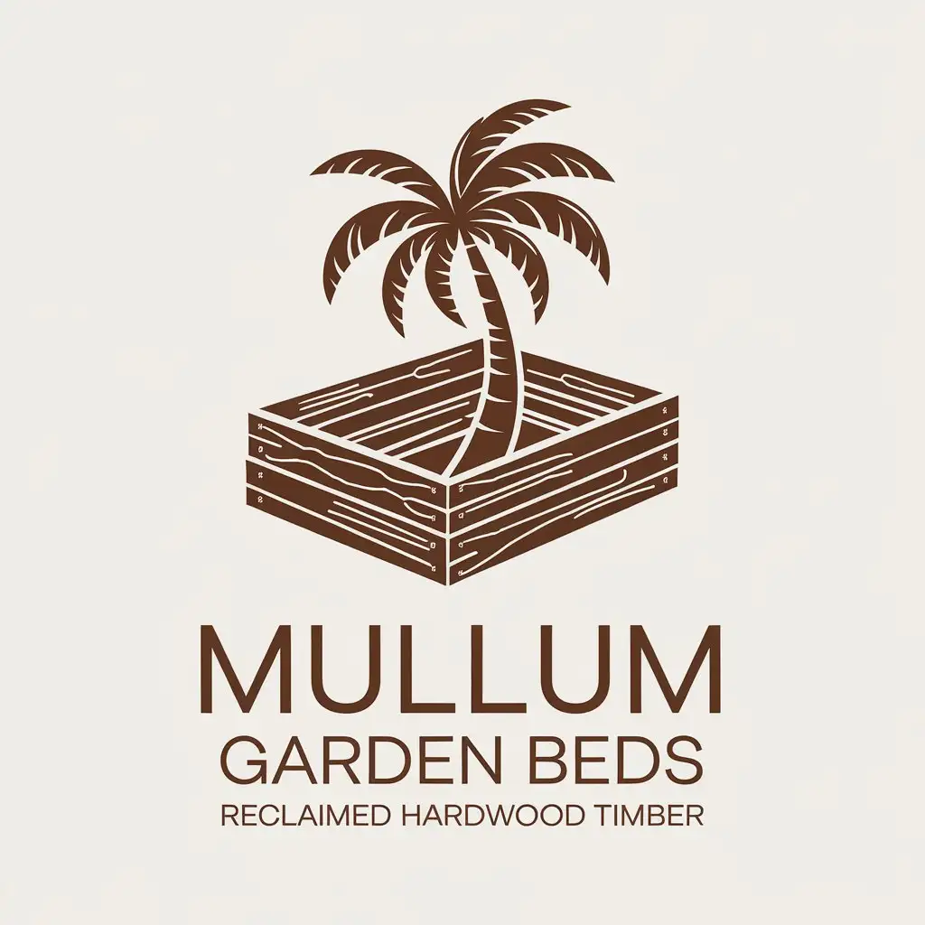 Mullum Garden Beds Logo Featuring Reclaimed Hardwood Timber and Palm Tree Silhouettes