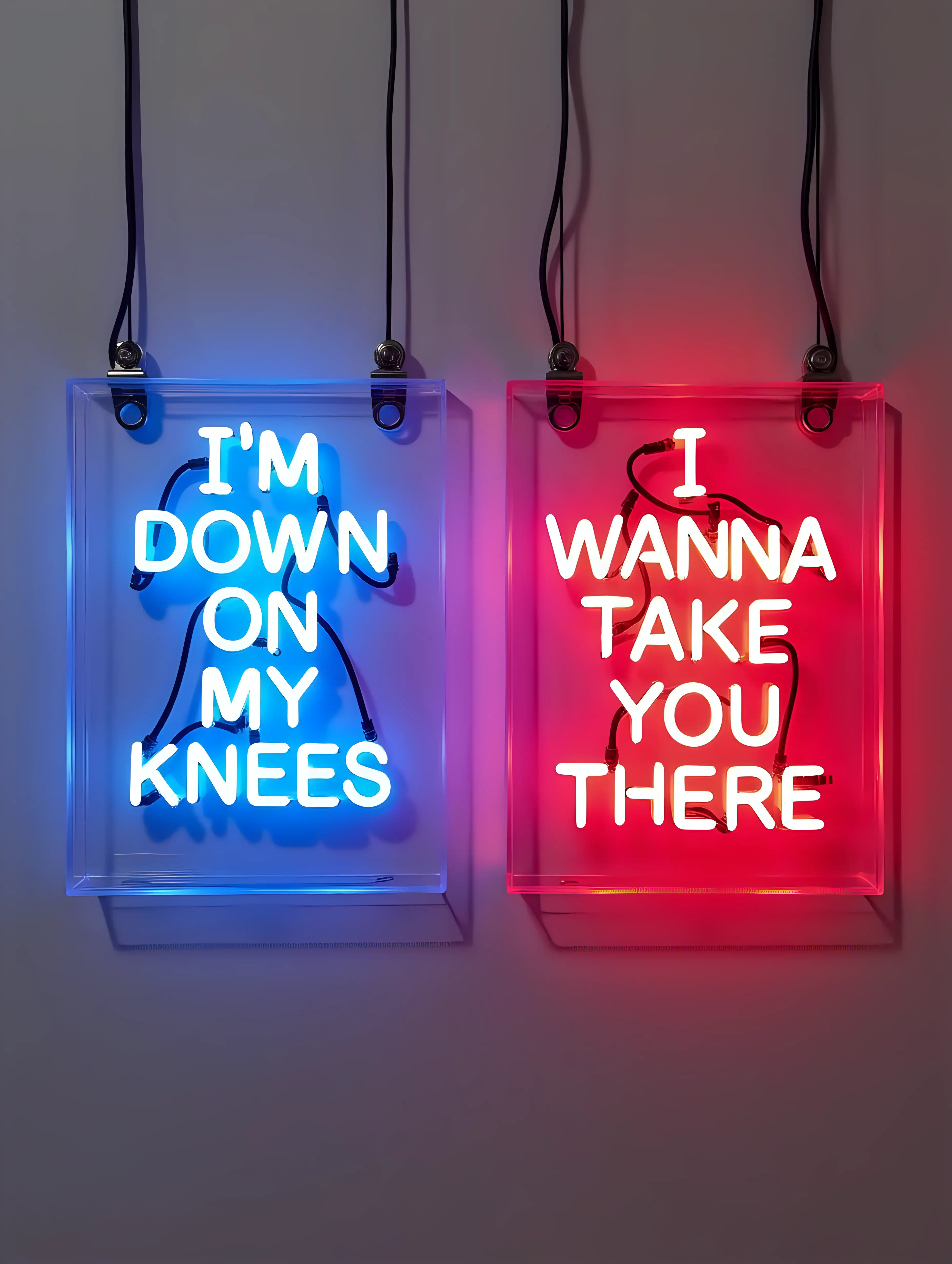 Create a 2 neon signs in clear perspex cases in 4: 3 format. they are both identical formats and each hangs from 2 metal "D" hooks at the top of the case. One sign says " I'M DOWN ON MY KNEES " in Blue neon. The other says "I WANNA TAKE YOU THERE" in red neon. All the electrical wires and connections of the neon signs are clearly visible. All connections are at the top of the signs.
