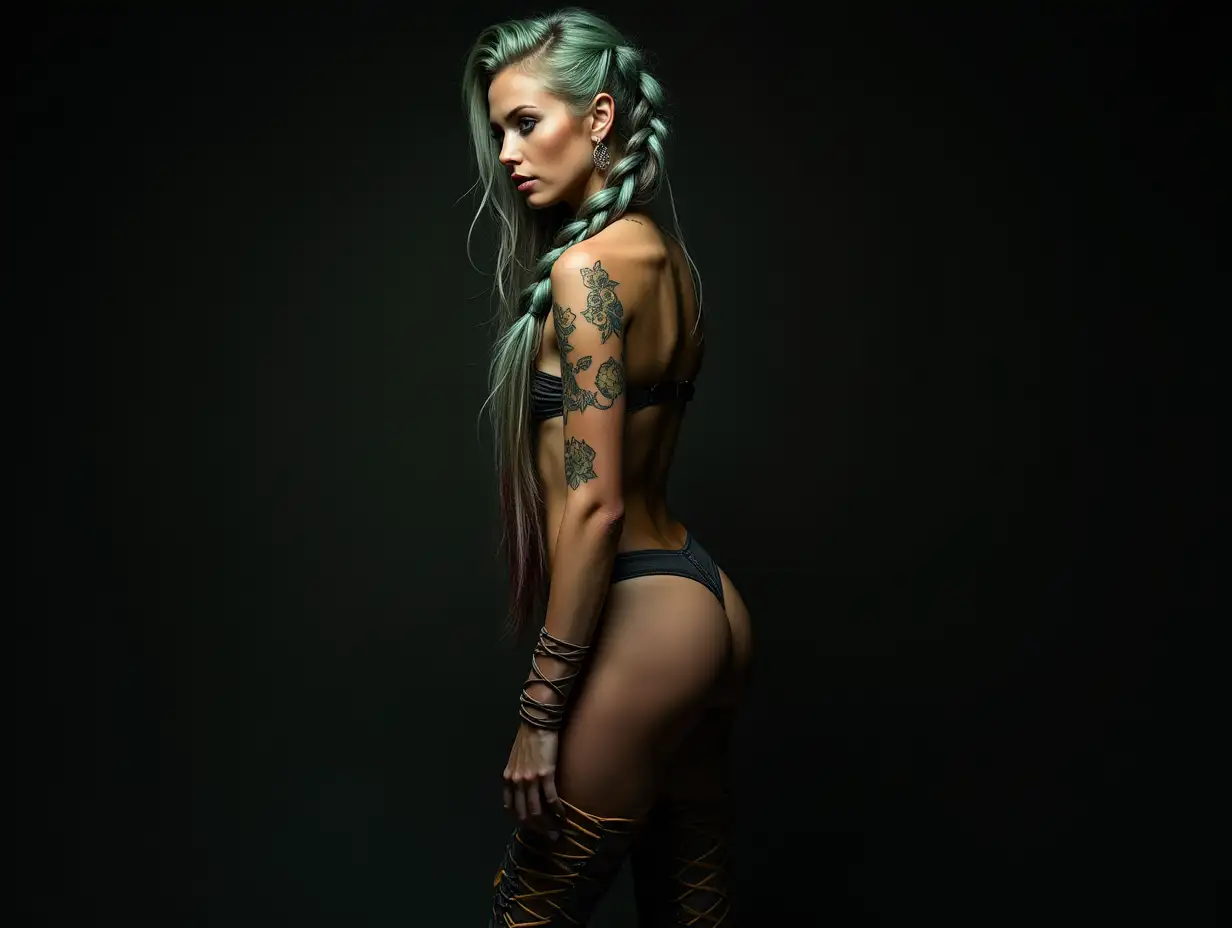 Depiction of a beautiful white woman with -tattoo, long mixed green-red braided hair in a futuristic style and laced boots, Blurry black background (120mm) shot poster