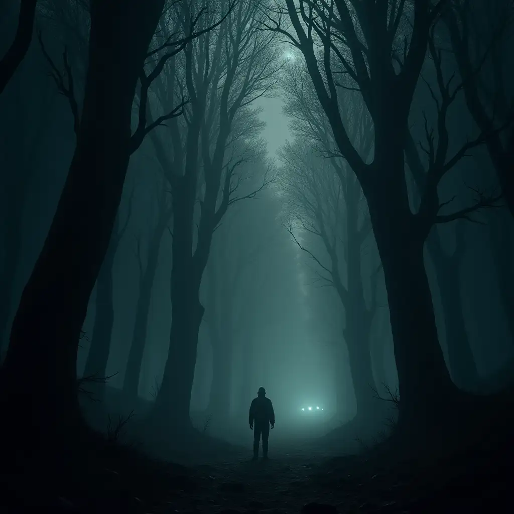 A dark, vast forest where the trees stretch endlessly into the sky, casting long shadows across the ground. The atmosphere is eerie and tense, with a sense of hidden dangers lurking in every corner. In the distance, faint lights flicker like stars through the dense canopy, representing distant civilizations. The forest floor is covered in thick mist, and the trees are twisted and ancient, their branches resembling hands reaching out. There is a sense of cosmic scale and mystery, as if the forest is an allegory for the cold and unforgiving universe, with a lone figure standing cautiously, as if hunted.