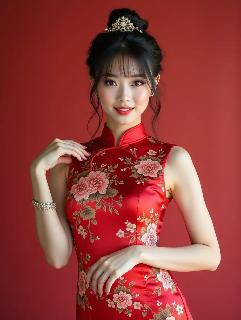 Gorgeous-Woman-in-Qipao-with-Braided-Wedding-Hairstyle-Posing-for-Photo-Shoot