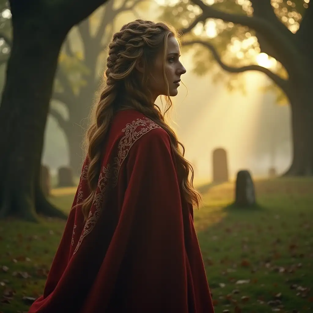 A mystical Celtic priestess standing in a misty grove of ancient oaks, golden light falling through the trees. She has golden braided hair and wears a red embroidered hood. Ethereal, powerful, timeless. Stone circles faint in the background. Atmosphere of sacredness and ancient wisdom. Soft focus, cinematic lighting.