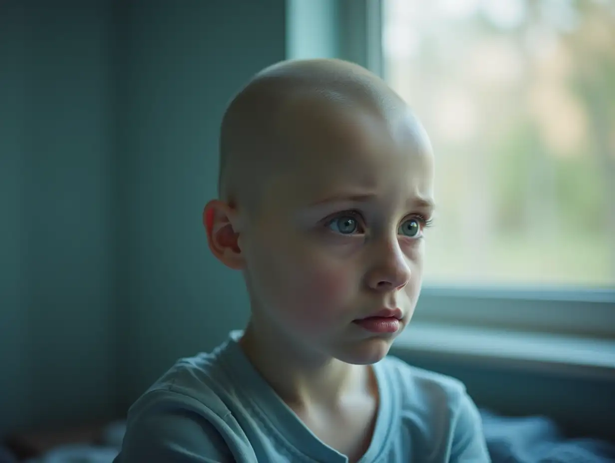 Bald sad teenage girl near window in a hospital. Stop cancer concept