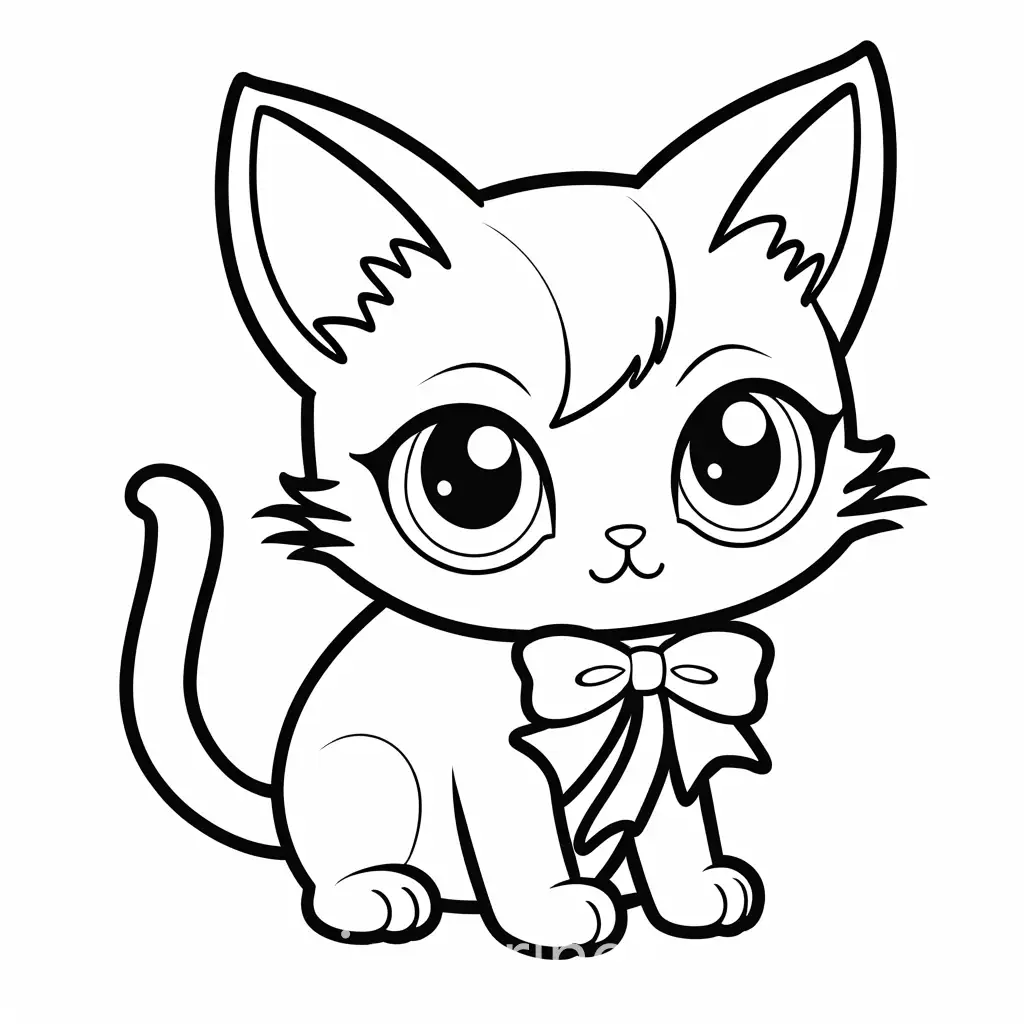 Kawaii-Cat-Coloring-Page-with-Cute-Bow-Black-and-White-Line-Art