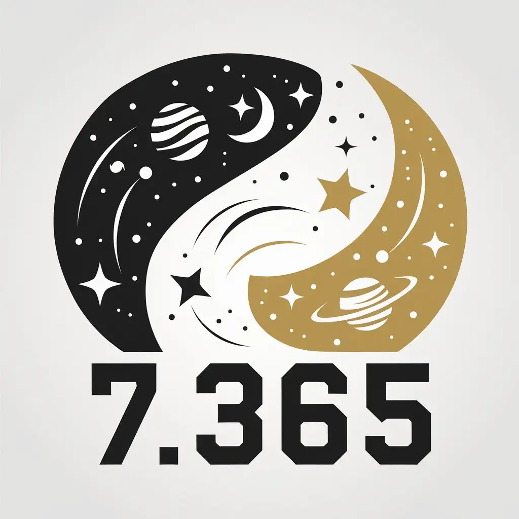 a vector logo design,with the text "7.365", main symbol:Stars, moon, planets, sun, universe.Black, white and golden colors,Moderate,be used in Candles industry,clear background