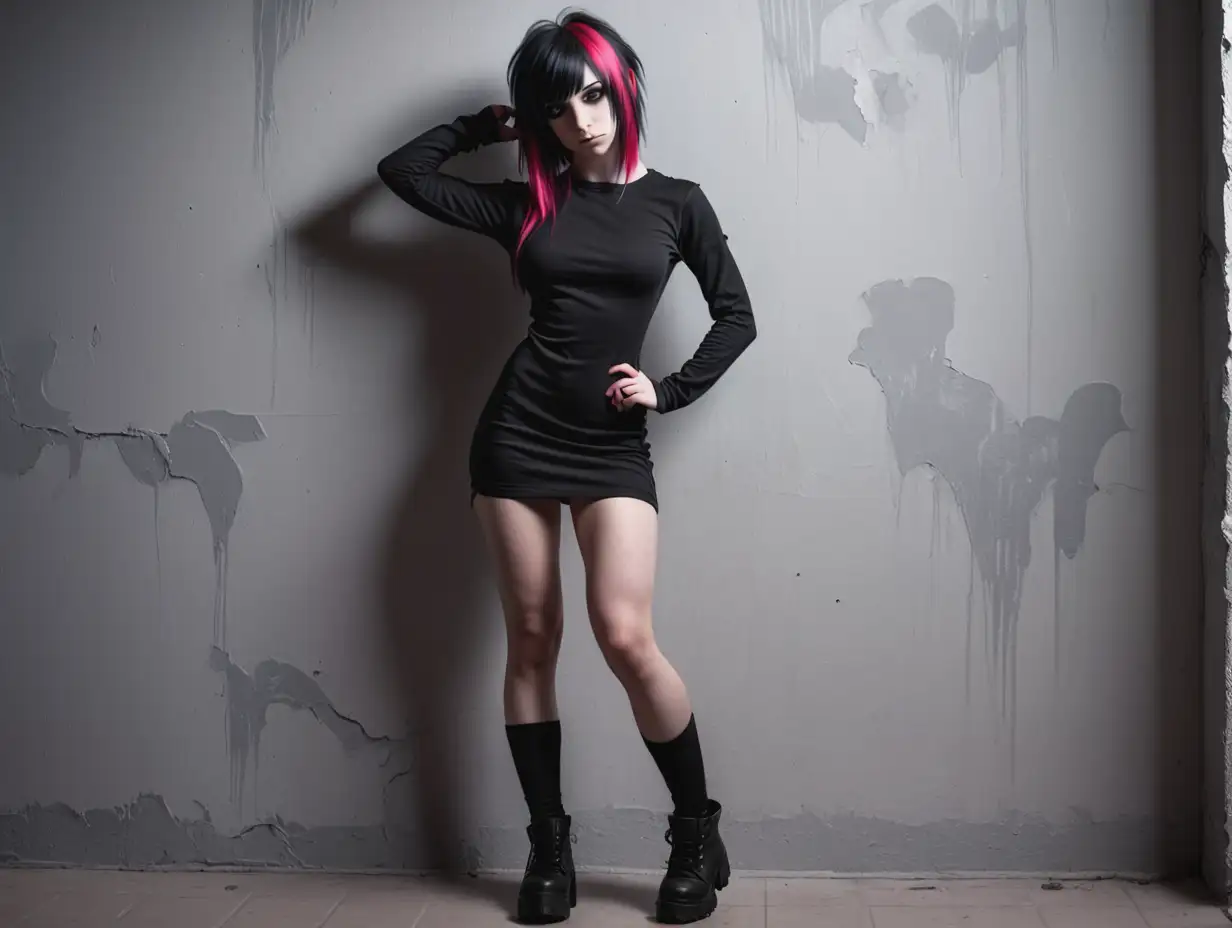 Emo-Girl-in-Minidress-with-Long-Sleeves-and-Muscular-Thighs-Posing-Against-Wall