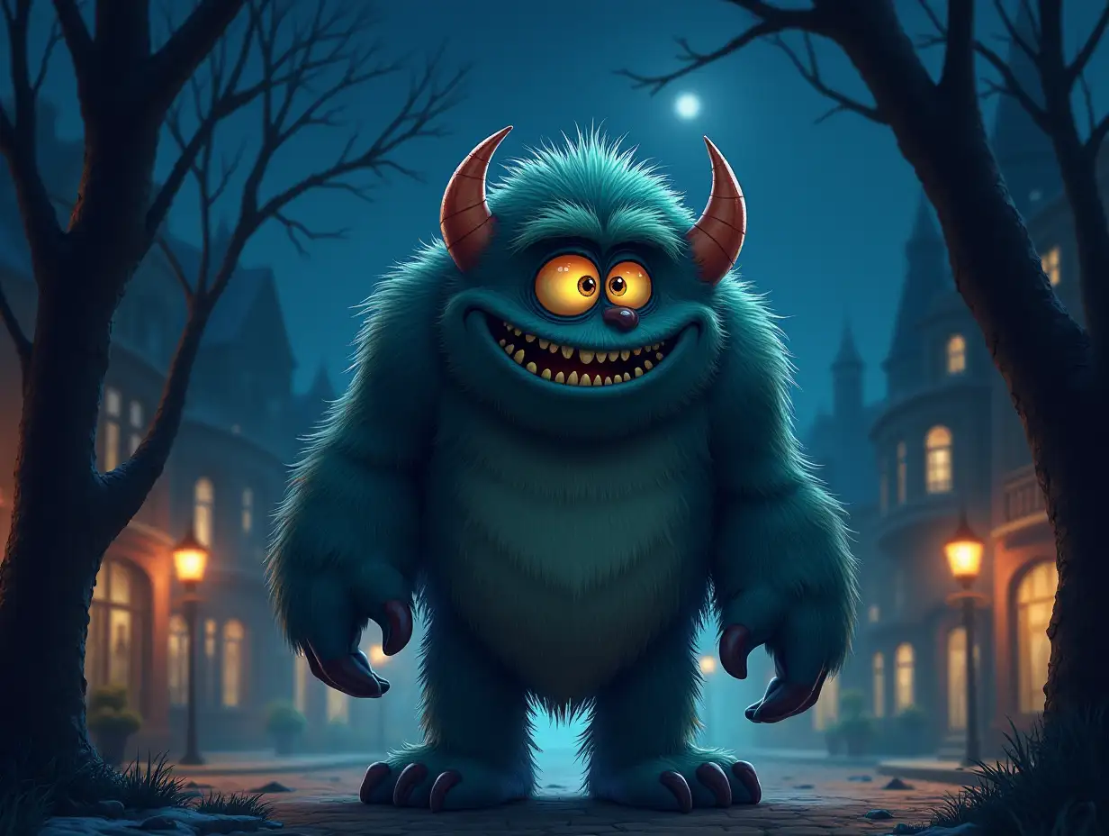 draw a shaggy huge monster, but with big friendly eyes, that walks the streets of a fairy tale city at nighttime. disney style.