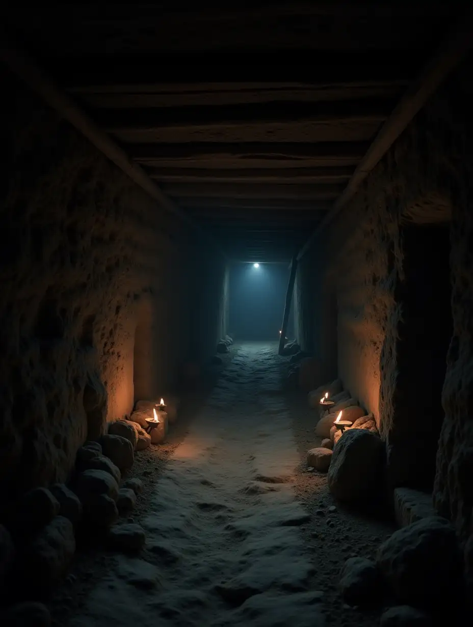 Abandoned-Tunnel-Carved-Through-Earth-with-Flickering-Oil-Lamps