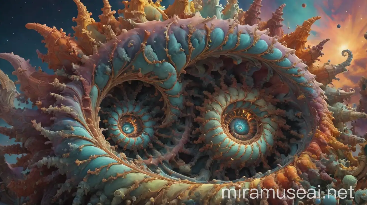 Colorful Mandelbrot Fibonacci Spiral Fractal with Alien Zoological Elements on a Strange Planet