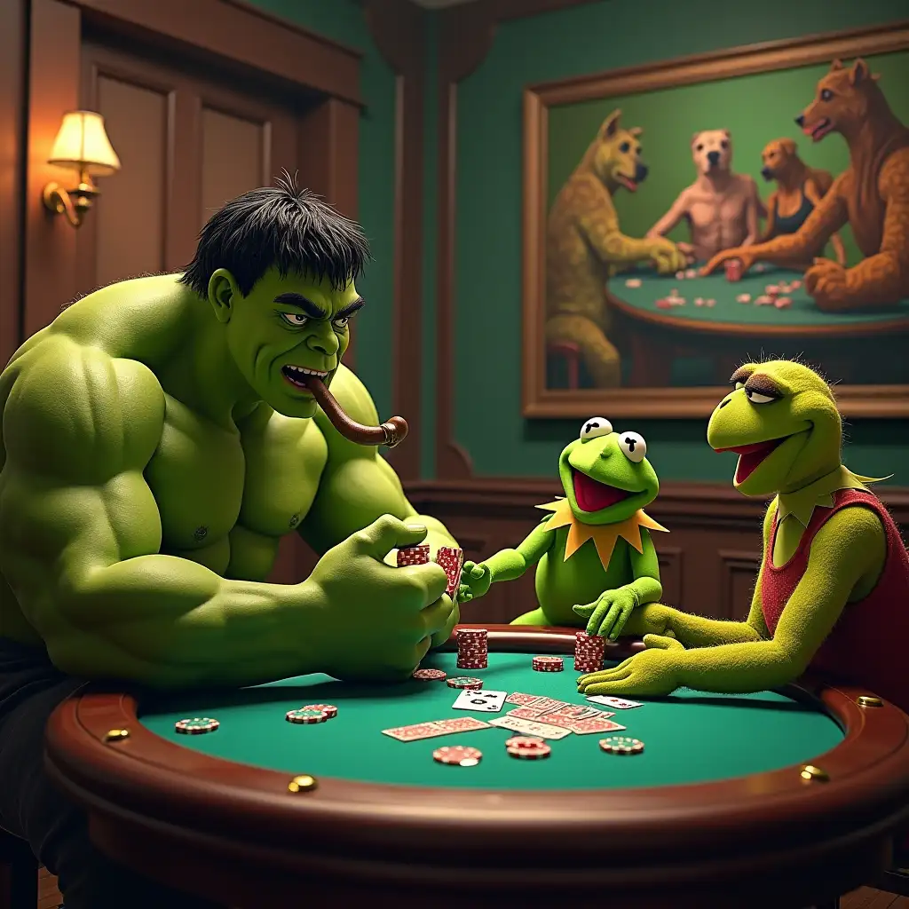 Superheroes-and-Muppets-Playing-Poker-in-a-GreenThemed-Tournament-Room