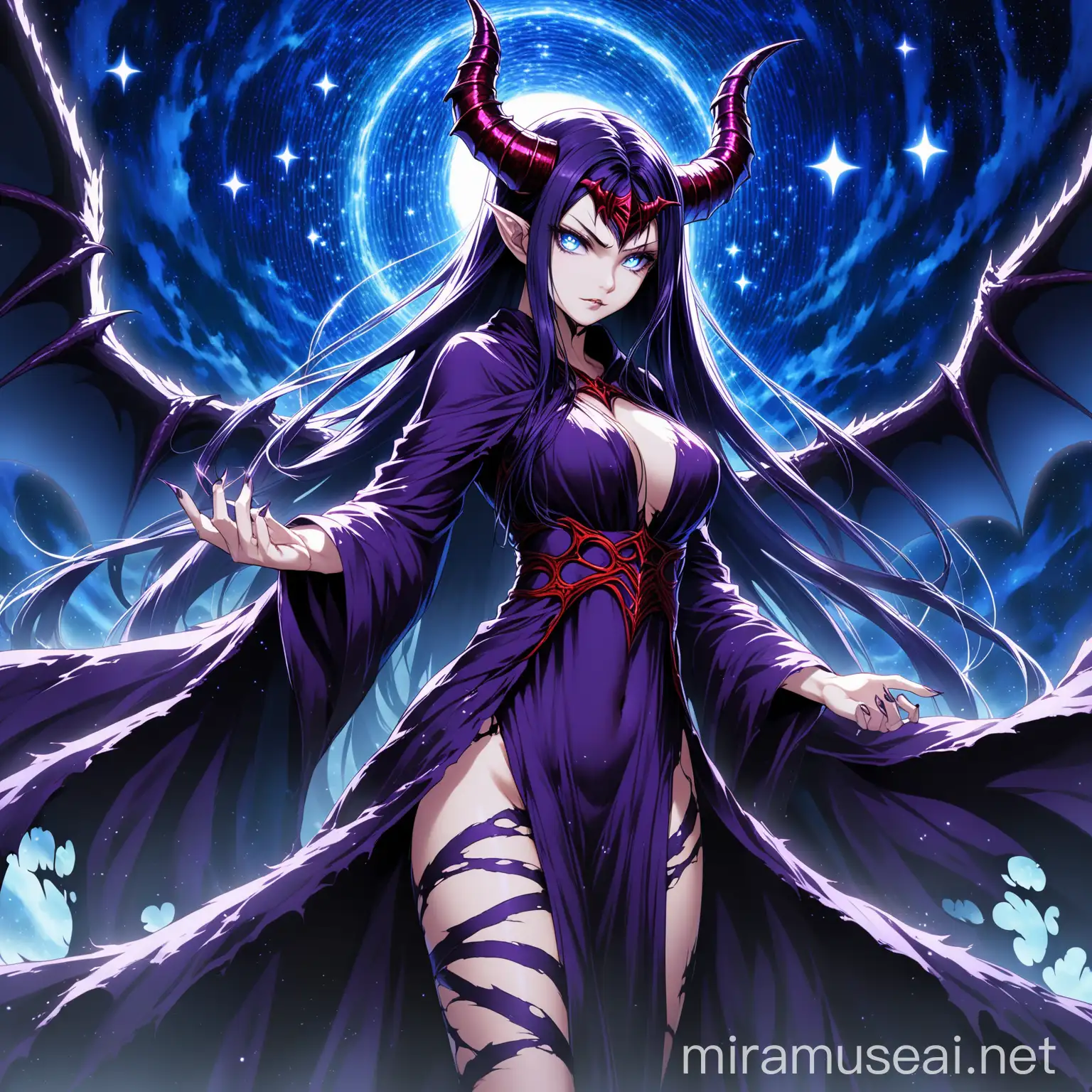 A evil daemon, ((she pallid skin)), heroic pose, she has demonic horn, She has short, evil, dark purple hair and striking, bright blue eyes. Her expression is intense and focused. She wears a dark purple, flowing robe adorned with a pattern resembling a starry night sky. The robe has tattered, ripped sections and appears to have bandages or strips wrapped around her body, giving a sense of mystical or magical attire. in epic anime