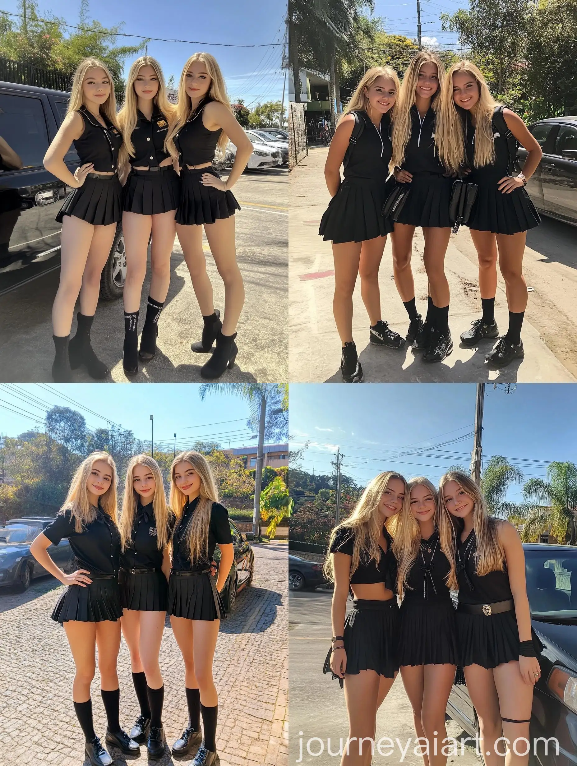 Three-Blonde-Women-in-School-Girl-Uniforms-Posing-and-Smiling-on-a-Sunny-Day