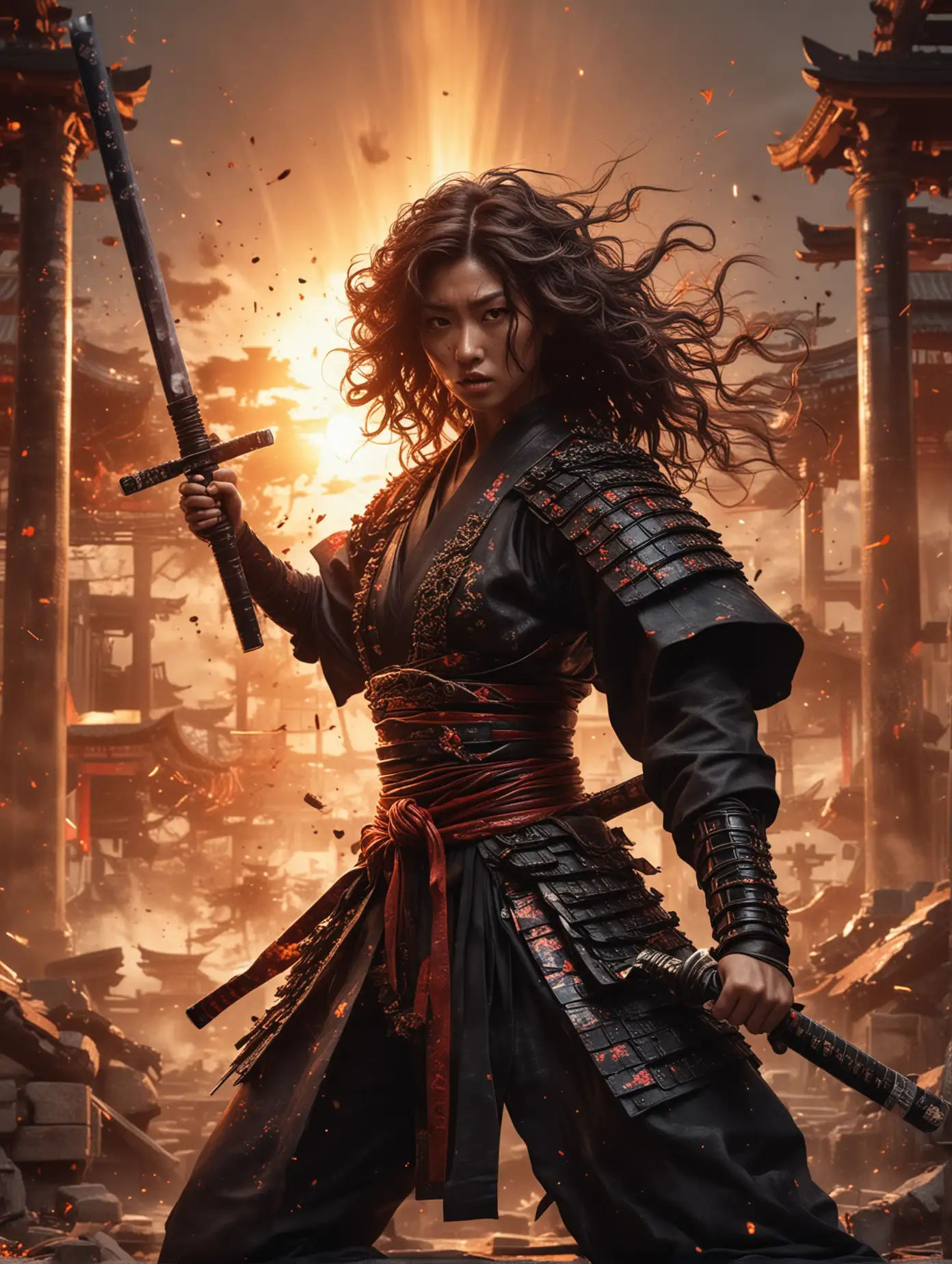 Medusa-in-Samurai-Warrior-Outfit-amidst-War-Zone-Explosions