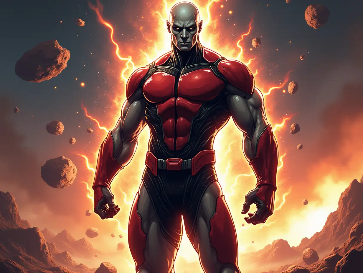 A highly detailed and intense illustration of a powerful, muscular alien warrior with gray skin, large black eyes, and a bald head. The character wears a sleek red and black battle suit, standing in a calm yet imposing battle-ready stance. Surround him with a radiant aura of energy. The background features a dramatic cosmic battlefield filled with stars, asteroids, and energy explosions, emphasizing the character's immense strength and focus