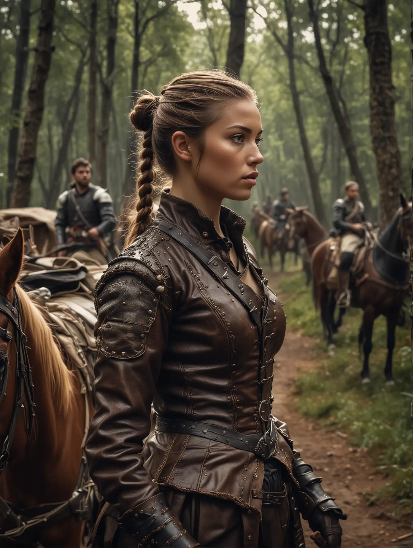 An epic 17th century scene featuring a warrior woman in leather suit, pony tail, in battle with  two 17th century Spanish soldiers, by a canvas-covered wagon near a forest, high-detailed, photo realistic picture, beautiful, moody lighting, best quality, realistic, real picture, intricate details, side cinematic view, depth of field, fujifilm xt3, raw photo, 8k uhd, film grain