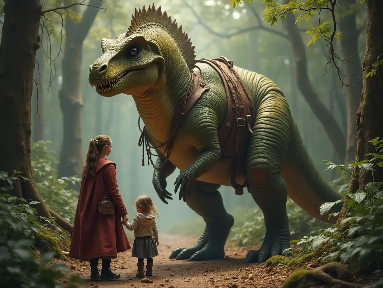 Chalk time fantasy family, Achelousaurus, Woman, Big Abelisaurus with Golden and Leather Equipment in the Forest