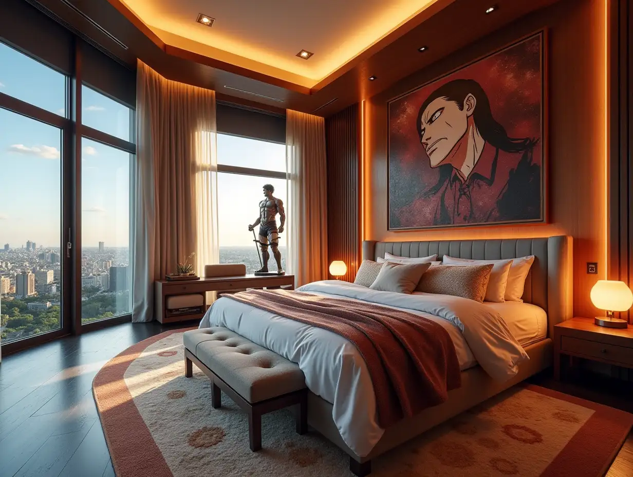 a very large modern bedroom with a statue of attack on titan 180 degree panoramic shots 8K resolution Vibrant colors